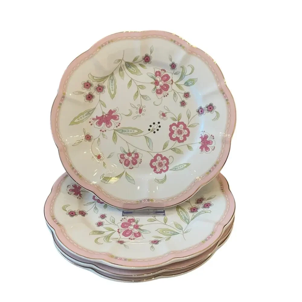 Grace Teaware Pink Corn Flowers with Gold Trim 10.5” Dinner Plates Set of 4 New